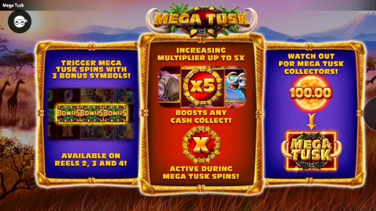 Pemandangan visual slot Mega Tusk dengan latar belakang sabana Afrika saat matahari terbenam.