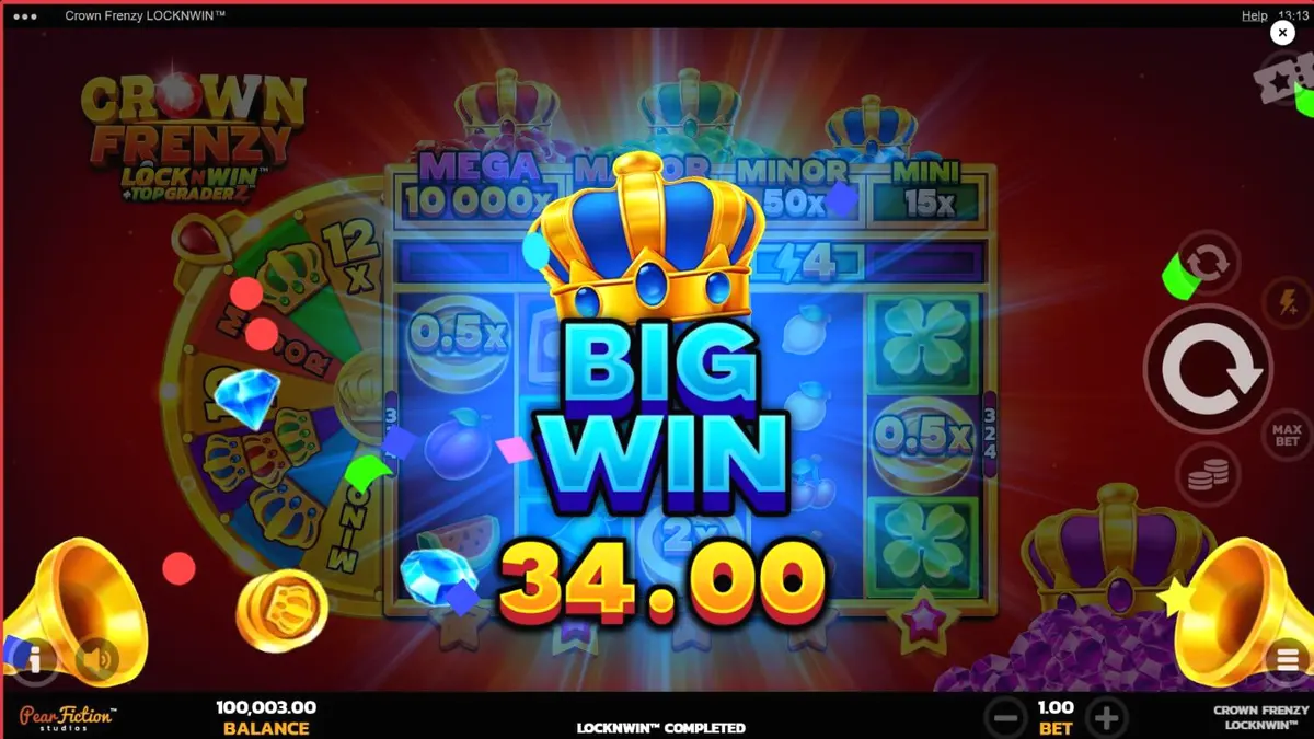 Tampilan visual mewah slot Crown Frenzy LockNWin dengan simbol mahkota dan permata.